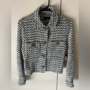 Zara Black & White Chevron Tweed Cropped Jacket